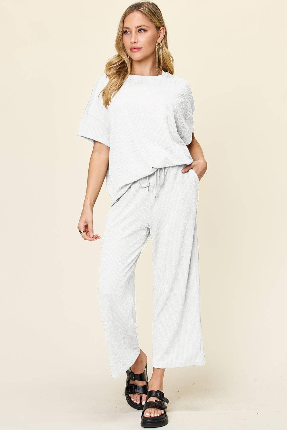 Double Take Full Size Texture Round Neck Short Sleeve T-Shirt and Wide Leg Pants - Clothes For Her Online Store