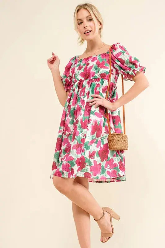 And The Why Smocked Floral Ruffle Short Sleeve Mini Dress - Clothes For Her Online Store