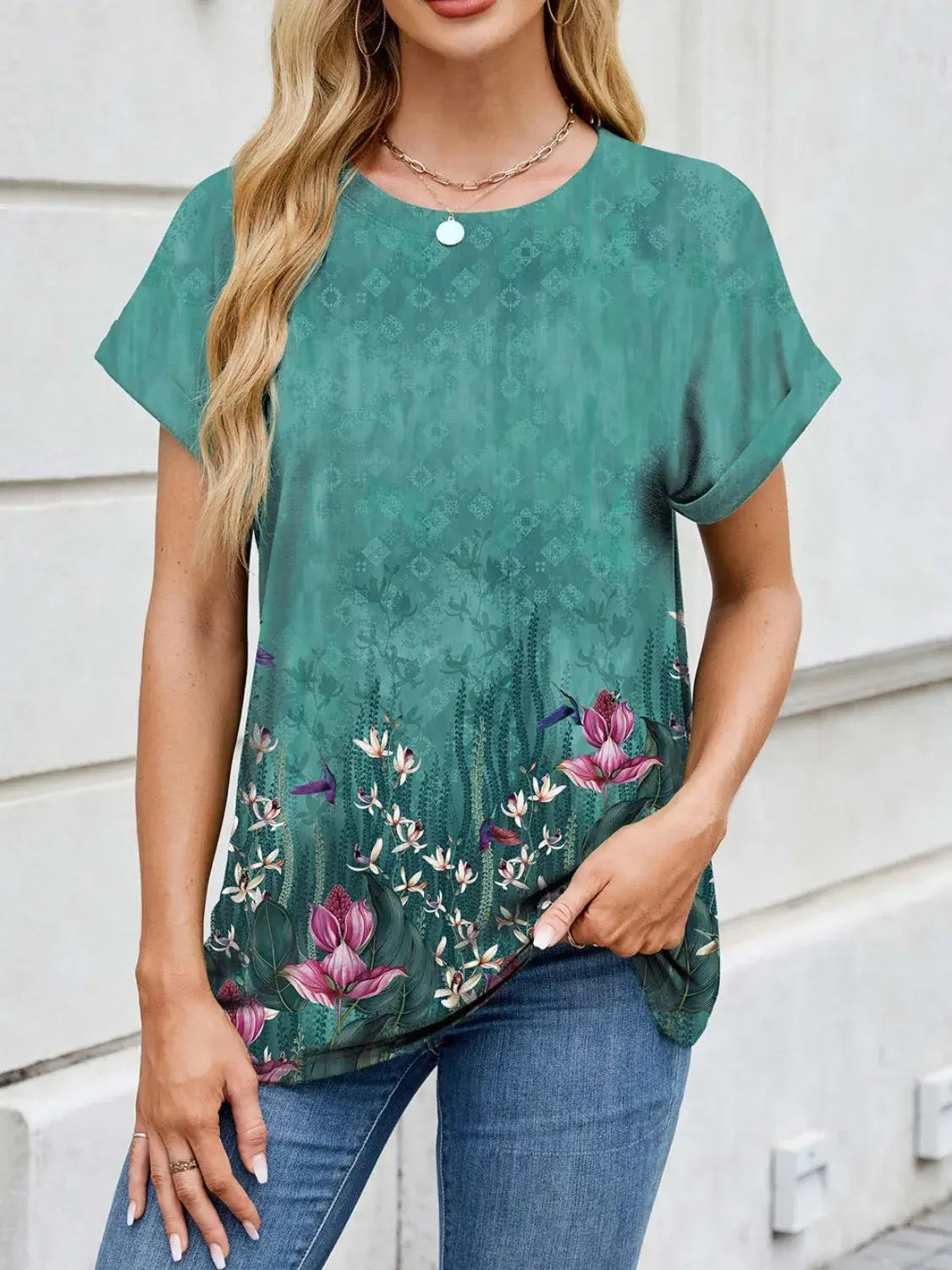 Printed Round Neck Short Sleeve Top - Clothes For Her Online Store