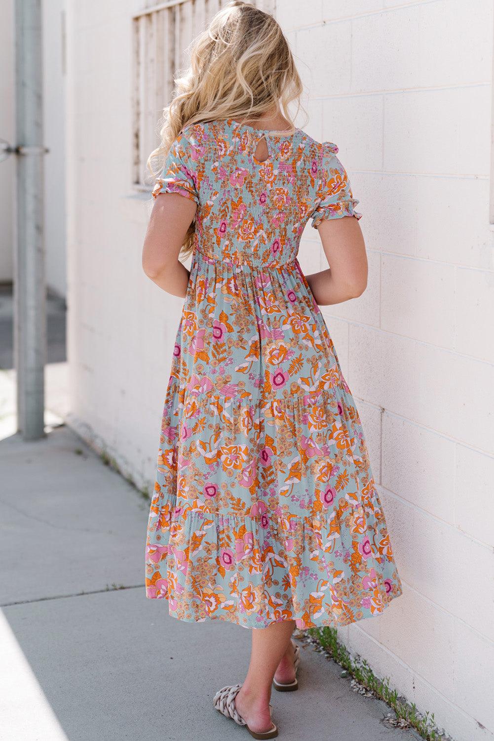 Floral Flounce Sleeve Round Neck Midi Dress - Clothes For Her Online Store