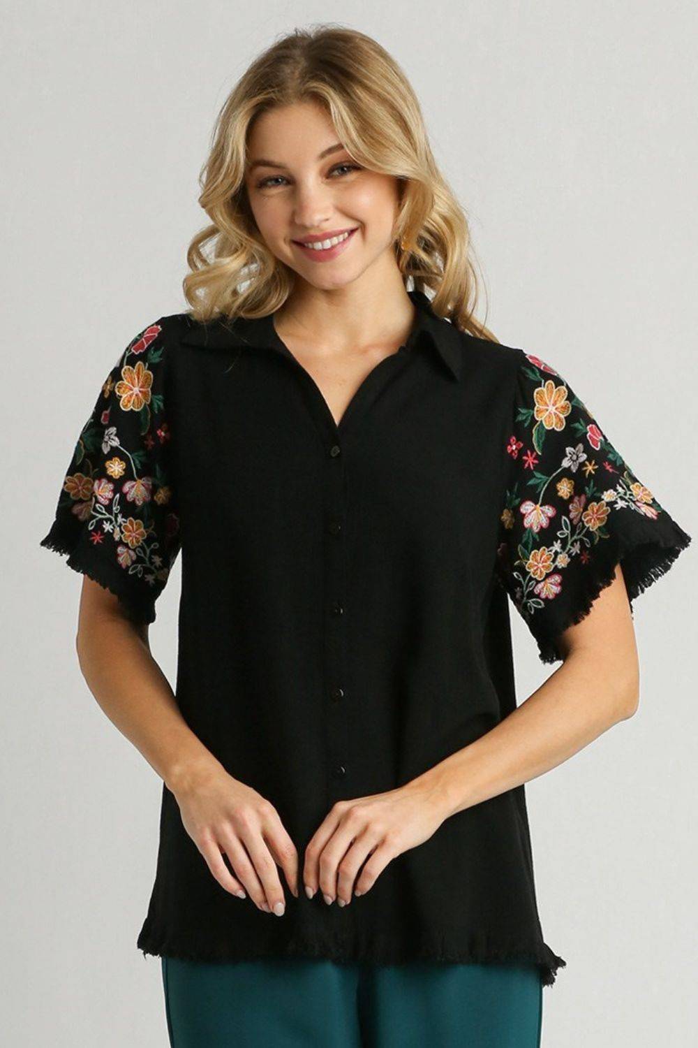 Umgee Full Size Linen Shirt with Embroidered Sleeves Plus Size - Clothes For Her Online Store