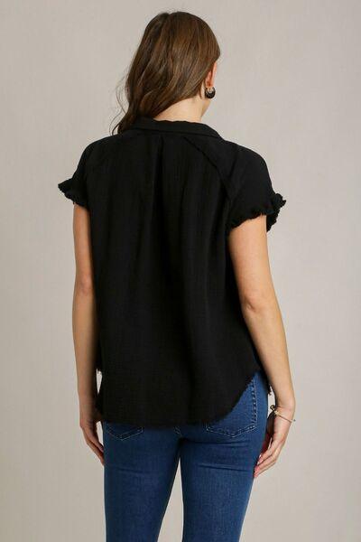 Umgee Full Size Frayed Hem Collared Neck Short Sleeve Shirt Plus Size - Clothes For Her Online Store