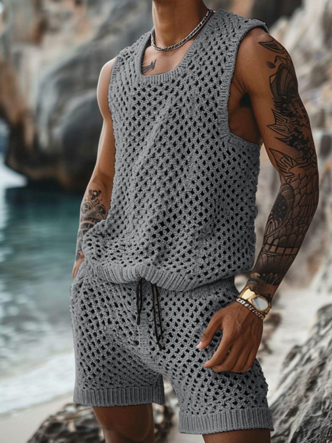 Men's Plus Size Hollow Out Round Neck Tank and Shorts Set - Clothes For Her Online Store