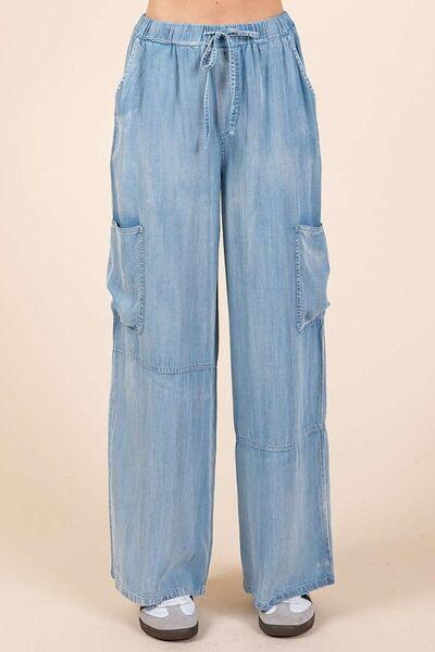 Mittoshop Washed Elastic Waist Cargo Wide Leg Pants - Clothes For Her Online Store