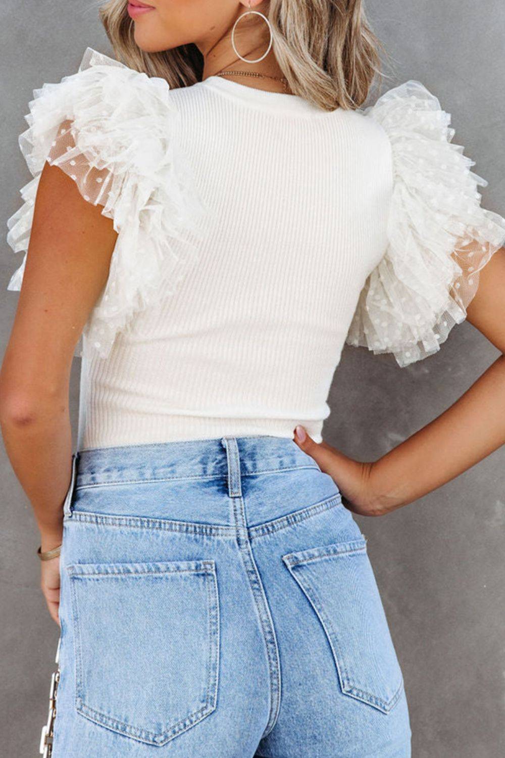 Ruffled Round Neck Cap Sleeve Blouse - Clothes For Her Online Store