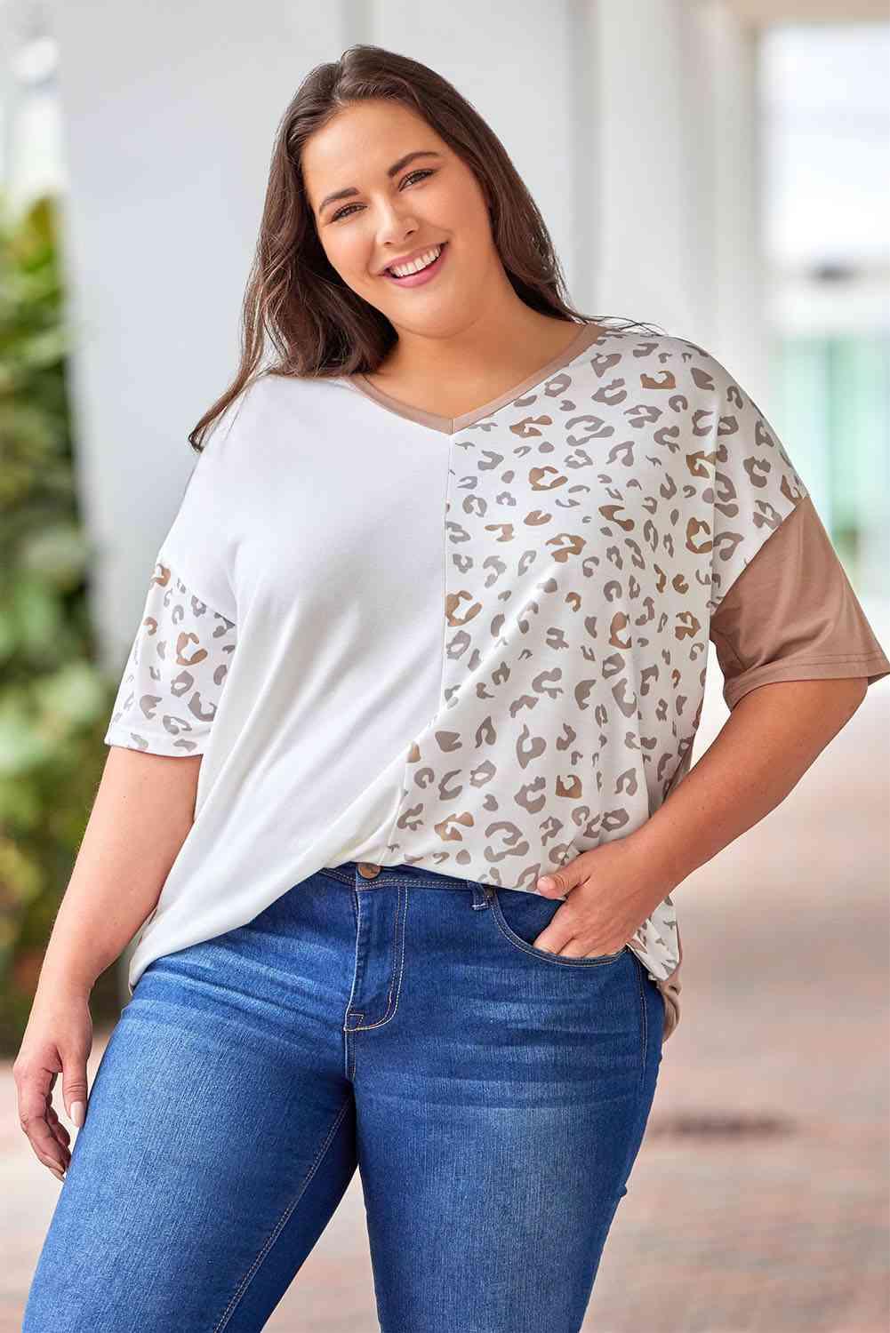 Plus Size Leopard V-Neck T-Shirt - Clothes For Her Online Store