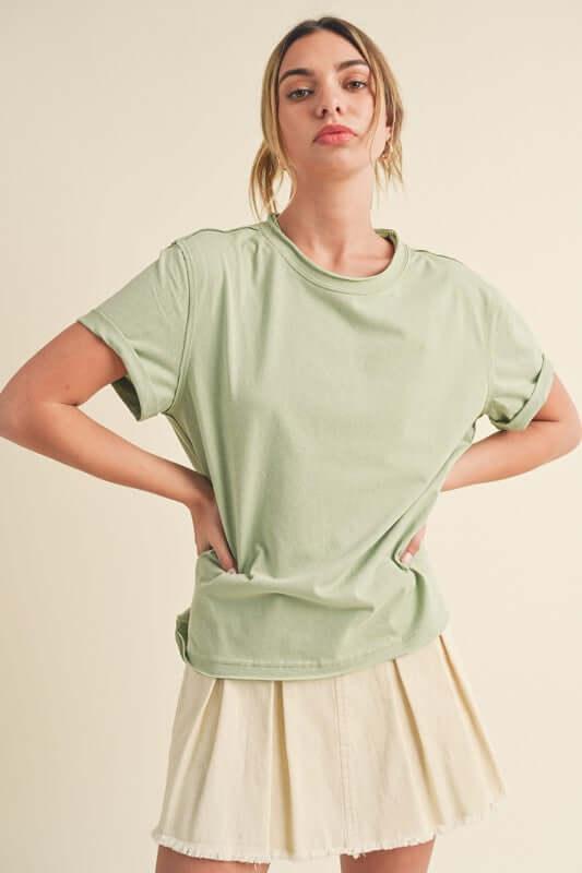 Aemi + Co Exposed Seam Round Neck Short Sleeve T-Shirt - Clothes For Her Online Store