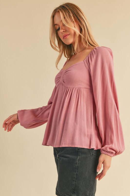 Aemi + Co Ruched Sweetheart Neck Balloon Sleeve Blouse - Clothes For Her Online Store