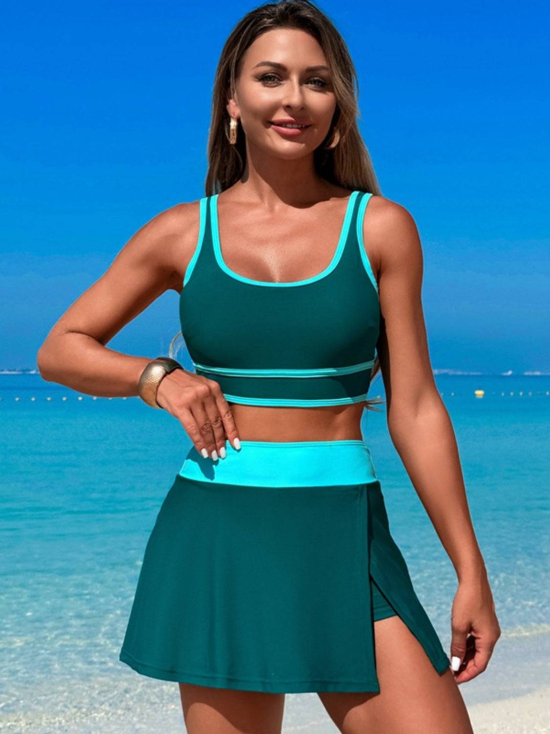 Scoop Neck Top and Skort Swim Set - Clothes For Her Online Store