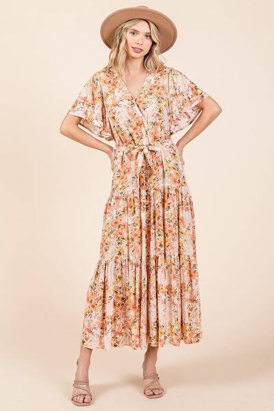 Mittoshop Floral Tie Waist Flutter Sleeve Tiered Dress - Clothes For Her Online Store