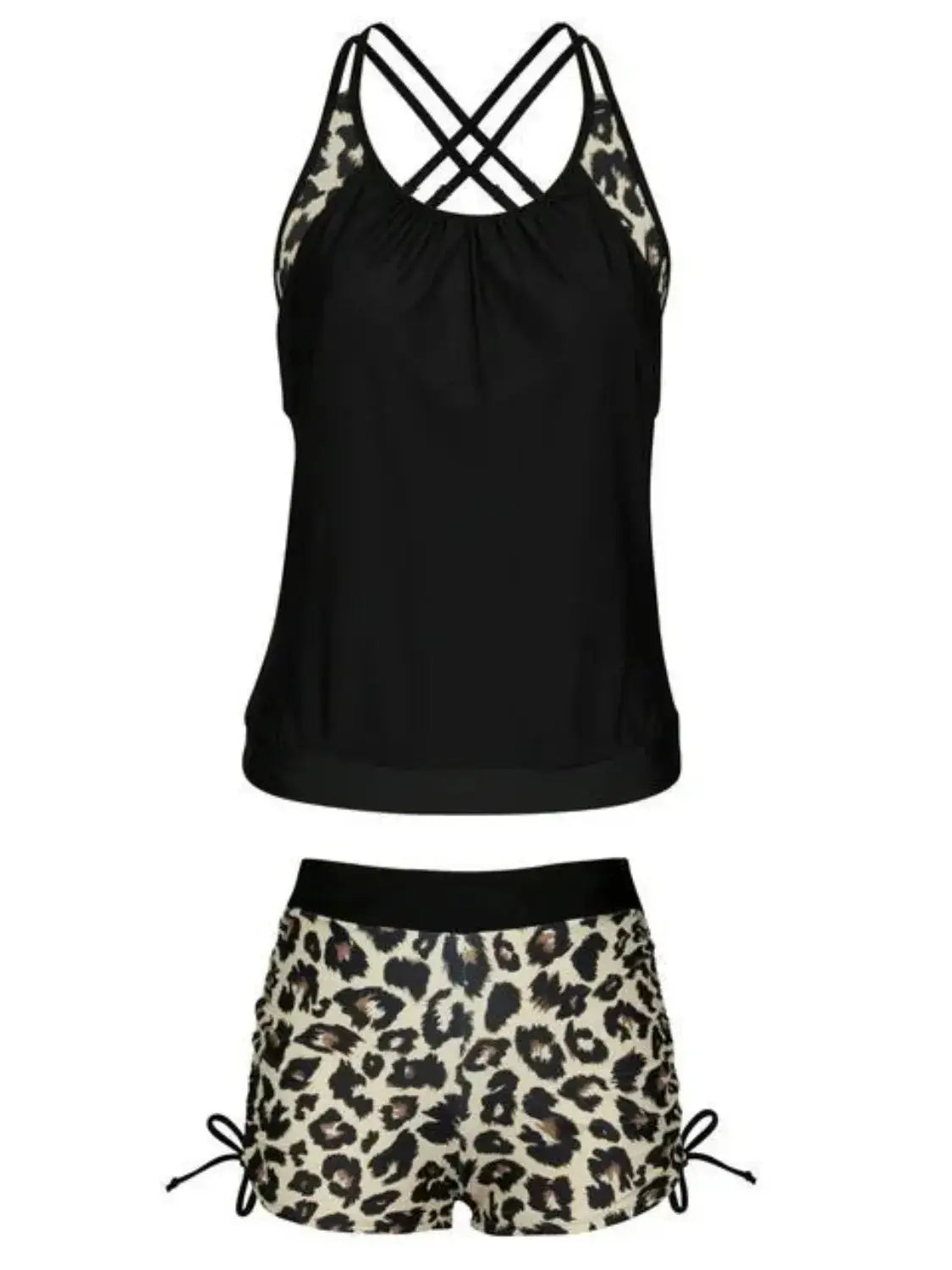 Crisscross Leopard Scoop Neck Two-Piece Swim Set - Clothes For Her Online Store