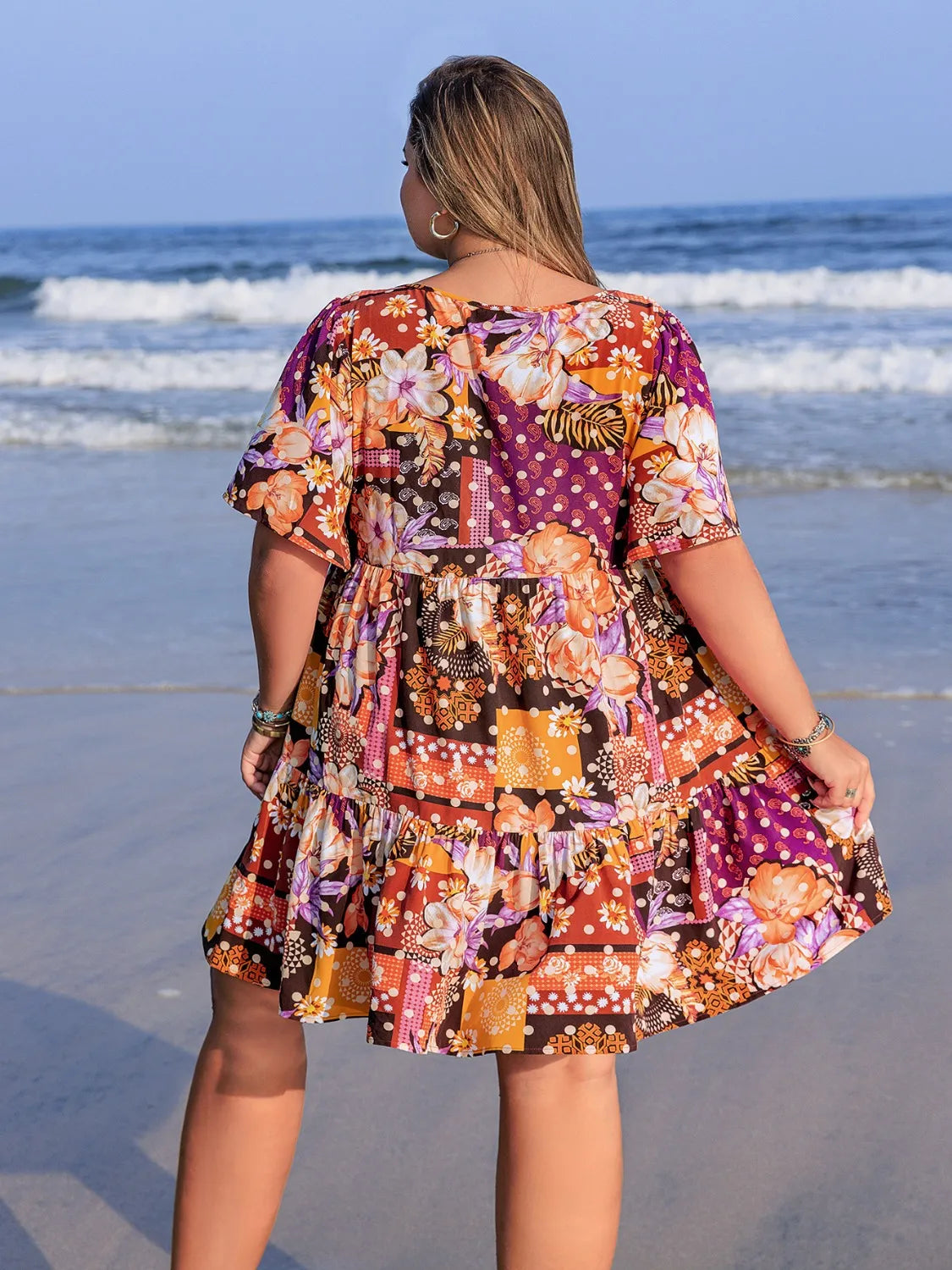 Plus Size Printed Round Neck Short Sleeve Dress