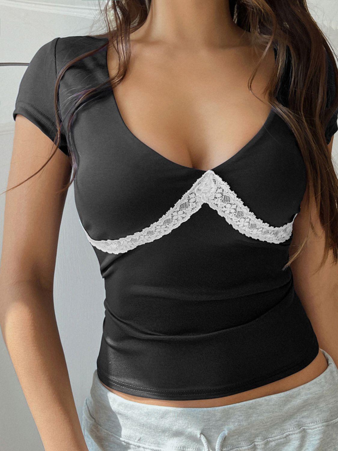 Devine Lace Detail Short Sleeve T-Shirt - Clothes For Her Online Store