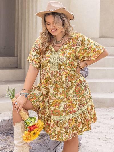 Plus Size Printed Tie Neck Short Sleeve Mini Dress - Clothes For Her Online Store