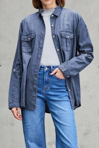 Pocketed Collared Neck Long Sleeve Denim Top - Clothes For Her Online Store