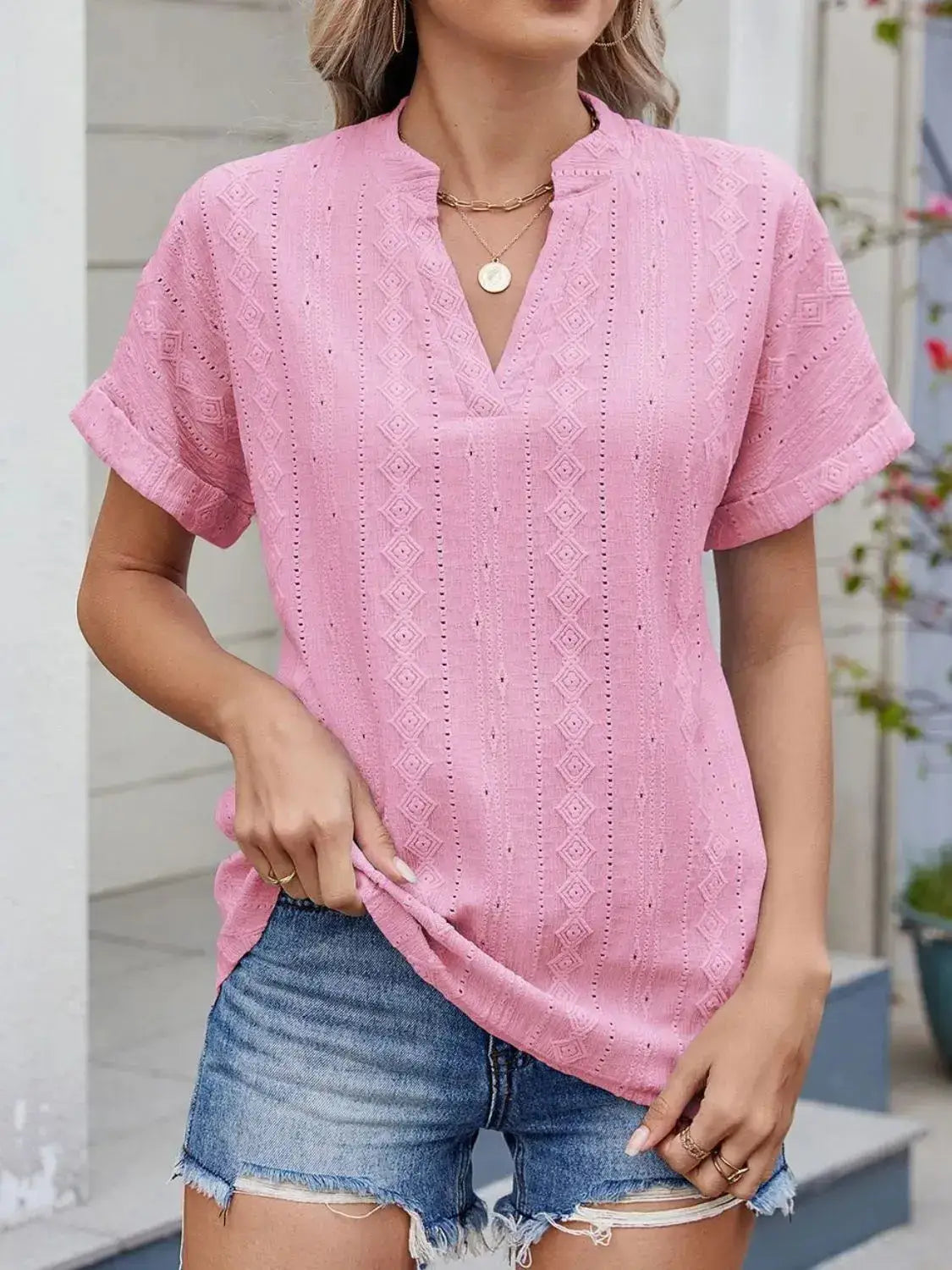 Eyelet Notched Short Sleeve Top - Clothes For Her Online Store