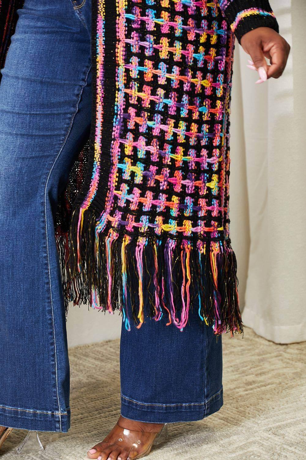 Angel Wings Full Size Multicolored Open Front Fringe Hem Cardigan - Clothes For Her Online Store