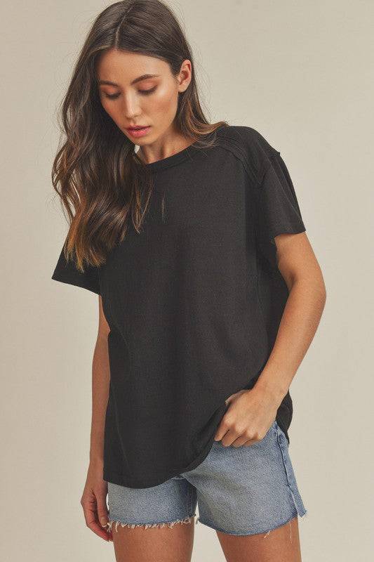 Aemi + Co Exposed Seam Round Neck Short Sleeve T-Shirt - Clothes For Her Online Store