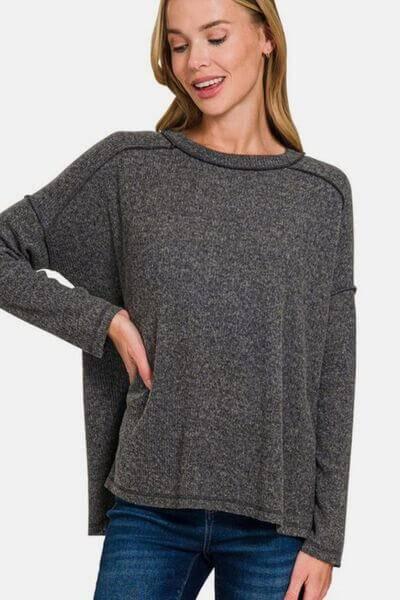 Zenana Full Size Exposed Seam Brushed Round Neck Sweater - Clothes For Her Online Store