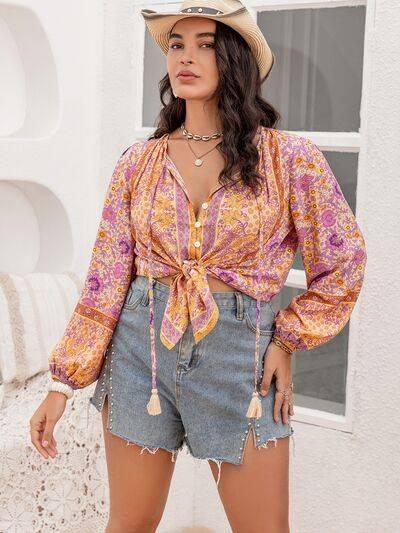 Plus Size Tie Neck Tassel Printed Blouse - Clothes For Her Online Store
