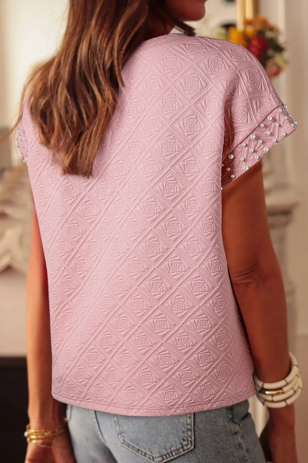 Pearl Embellished Flower Textured T Shirt