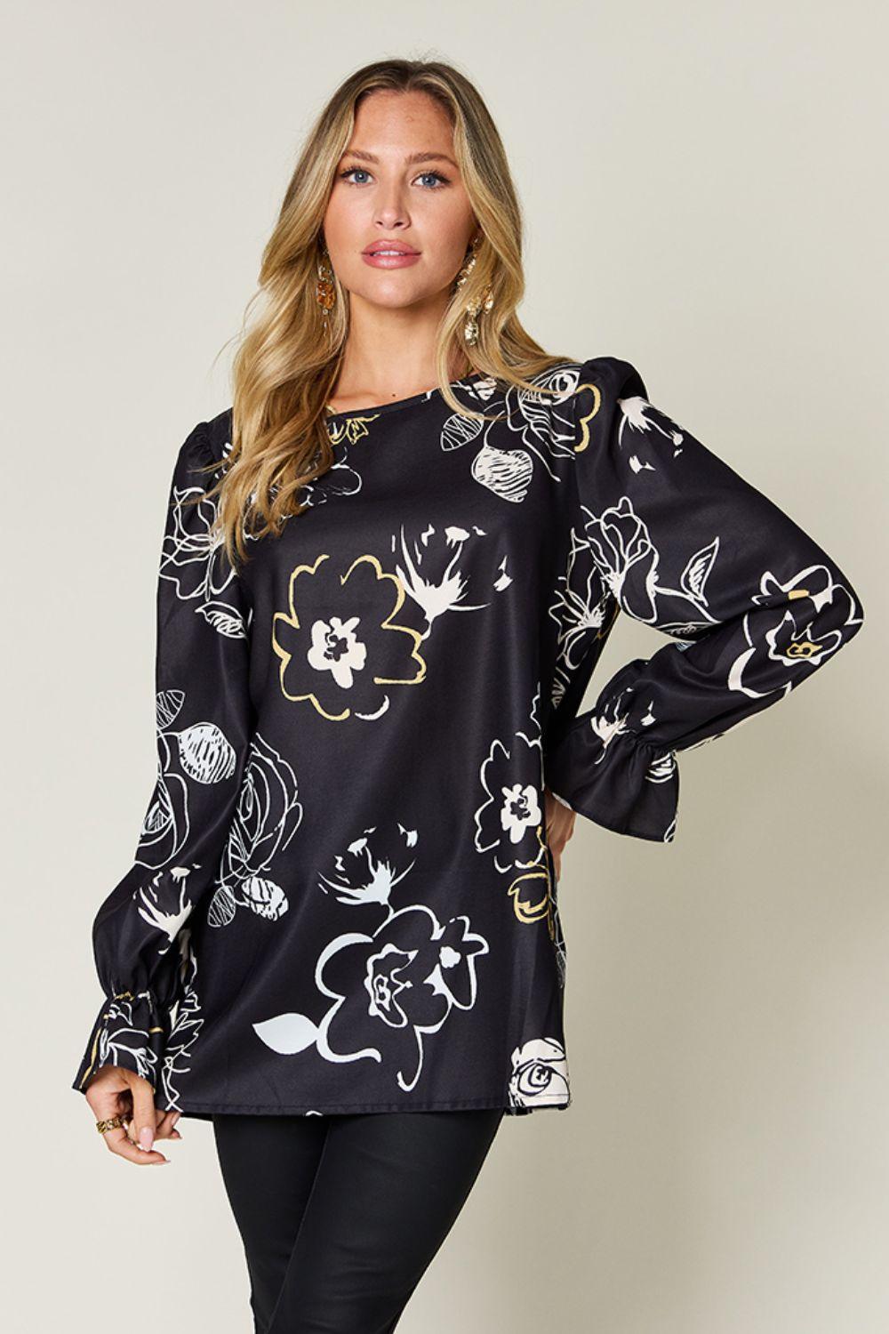 Double Take Full Size Printed Flounce Sleeve Blouse - Clothes For Her Online Store