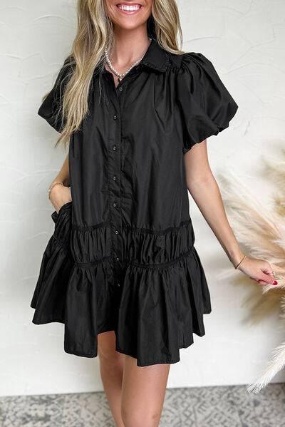 Button Down Puff Sleeve Ruffle Hem Dress - Clothes For Her Online Store