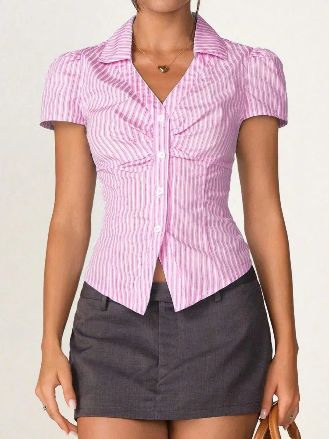 Striped Collared Neck Short Sleeve Shirt