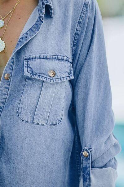 Pocketed Collared Neck Long Sleeve Denim Top - Clothes For Her Online Store