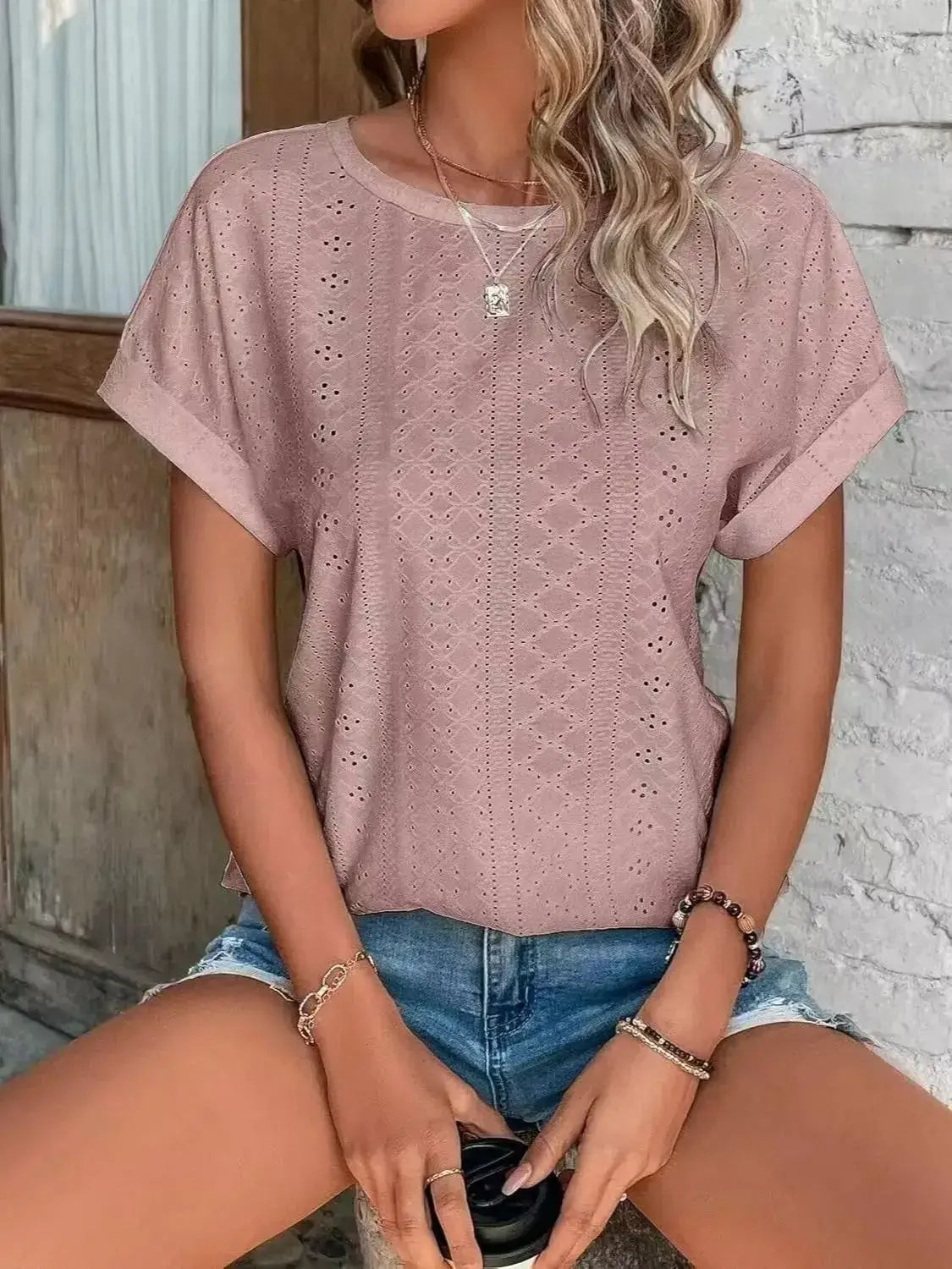 Eyelet Round Neck Short Sleeve Top - Clothes For Her Online Store