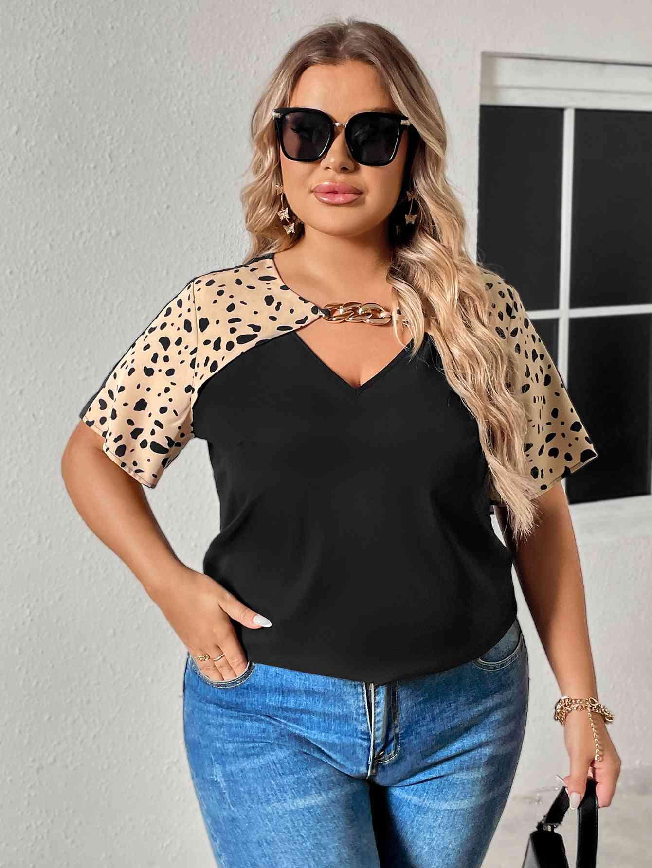 Honey Plus Size Chain Detail V-Neck Raglan Sleeve Blouse - Clothes For Her Online Store