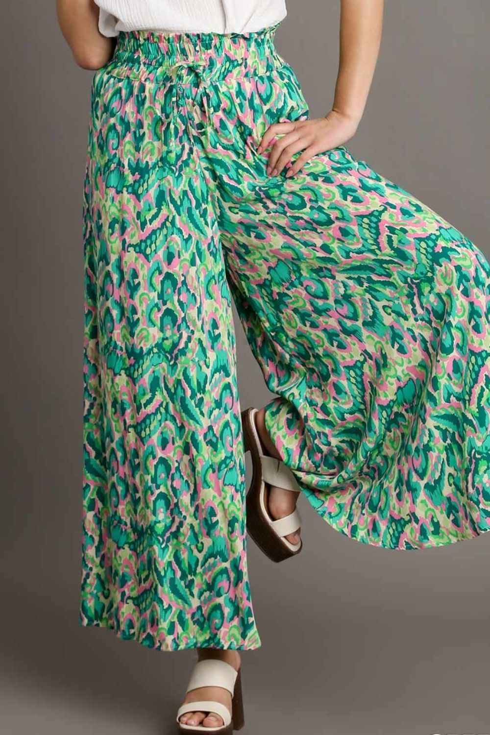 Umgee Full Size Mixed Print High Waist Wide Leg Pants Plus Size - Clothes For Her Online Store