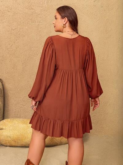 Plus Size Embroidered Tie Neck Balloon Sleeve Mini Dress - Clothes For Her Online Store