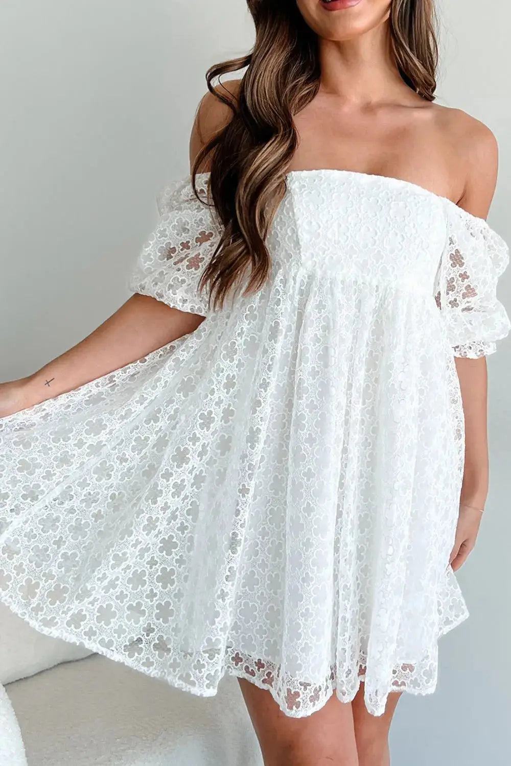 Lace Puff Sleeve Empire Waist Mini Dress - Clothes For Her Online Store