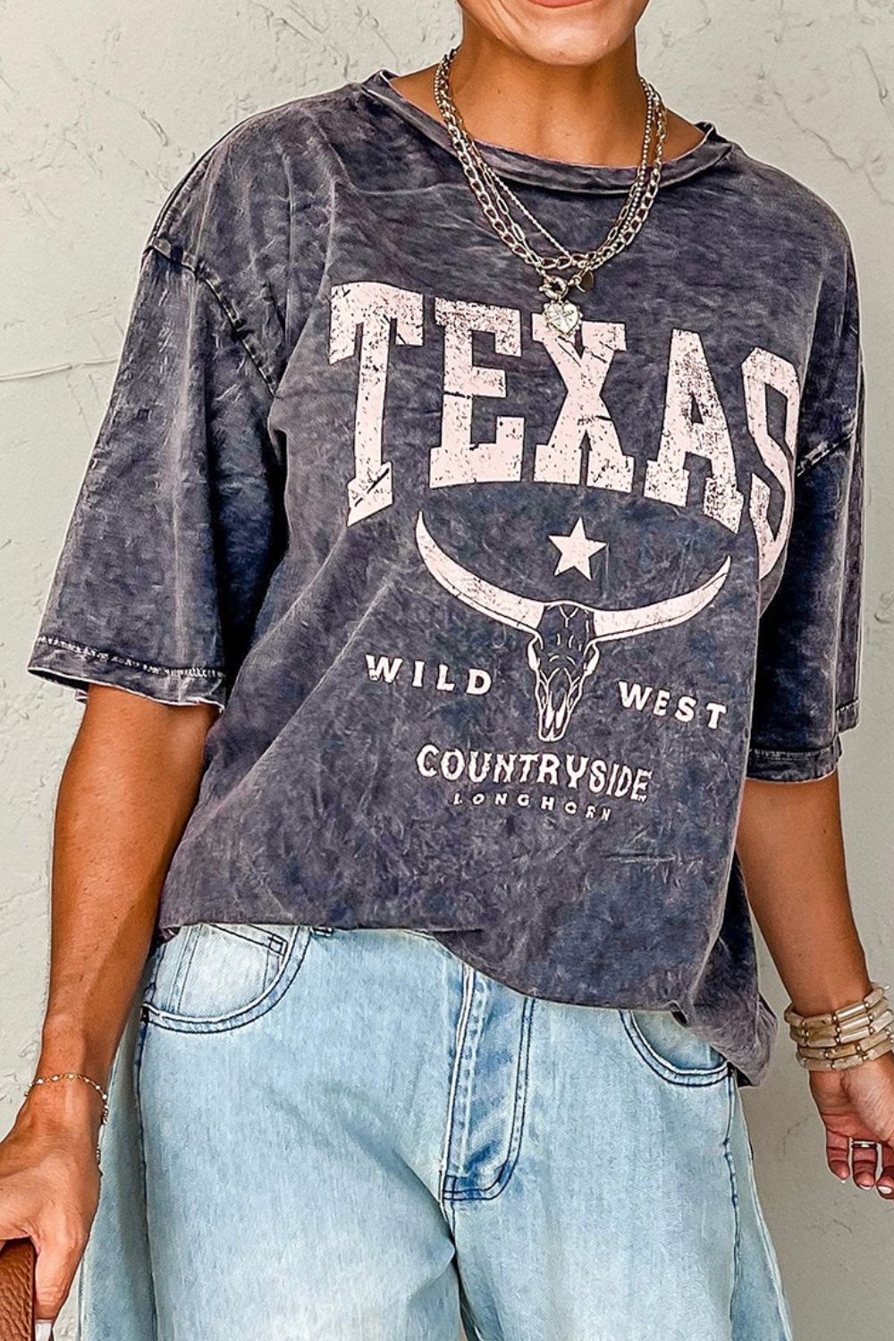 TEXAS Steer Head Graphic Mineral Wash Oversized T-Shirt - Clothes For Her Online Store
