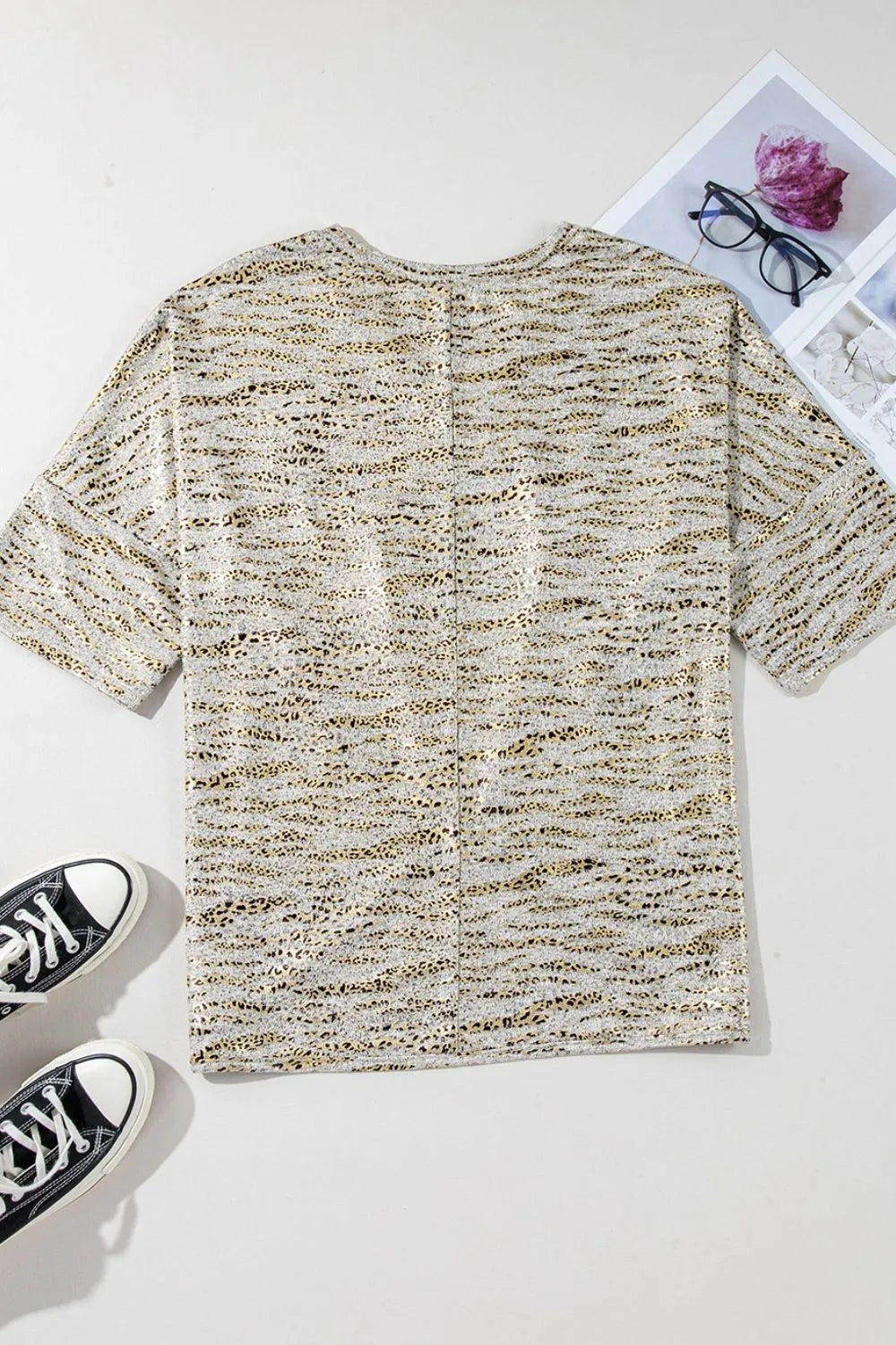 Leopard Print Half Sleeve V Neck Loose Fit T Shirt