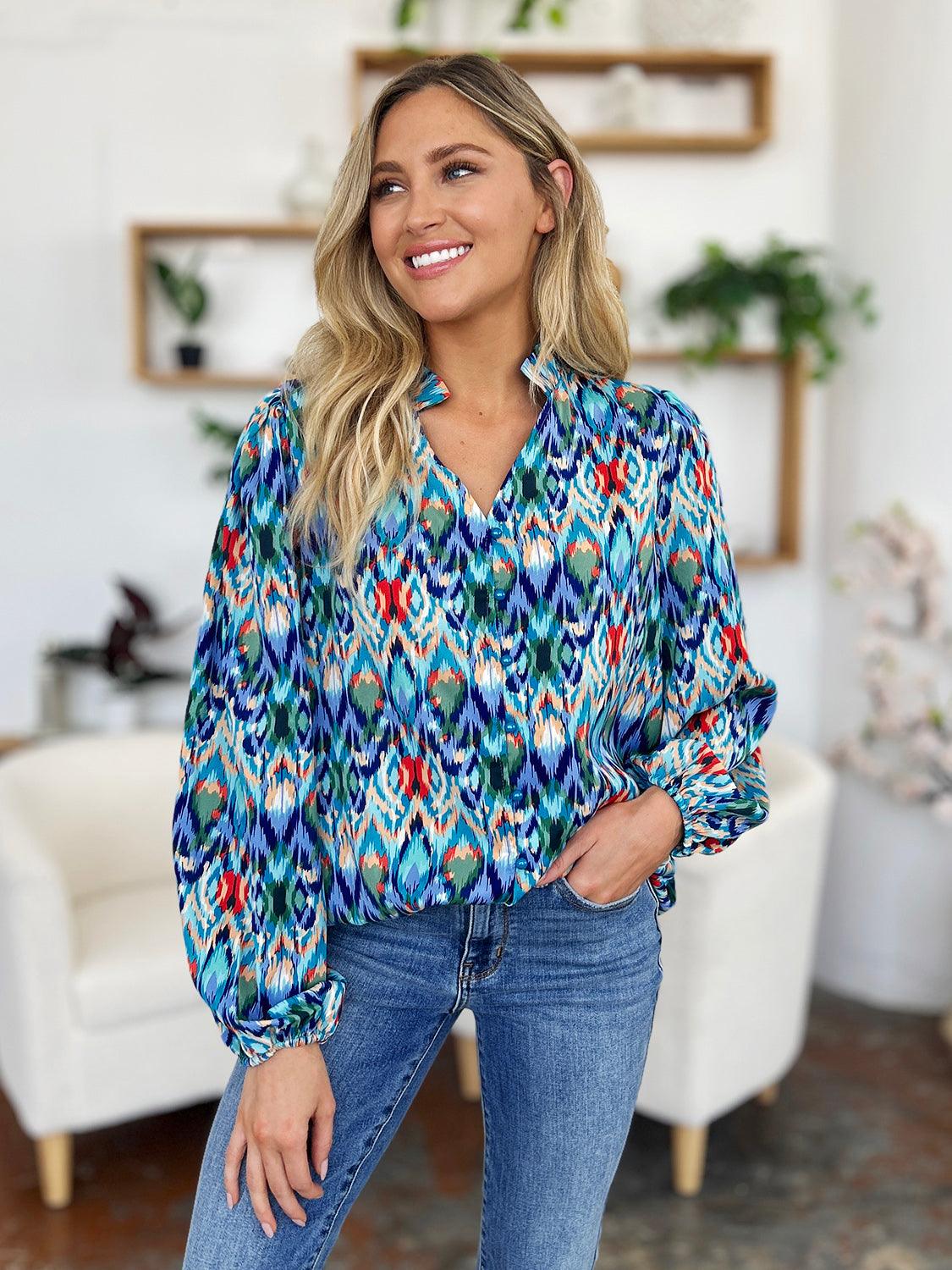 Double Take Full Size Printed Balloon Sleeve Blouse - Clothes For Her Online Store