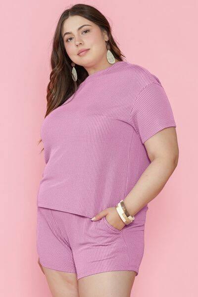 Plus Size Round Neck Short Sleeve Top and Shorts Set - Clothes For Her Online Store