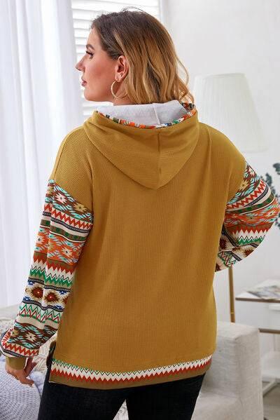 Plus Size Waffle-Knit Geometric Dropped Shoulder Hoodie - Clothes For Her Online Store