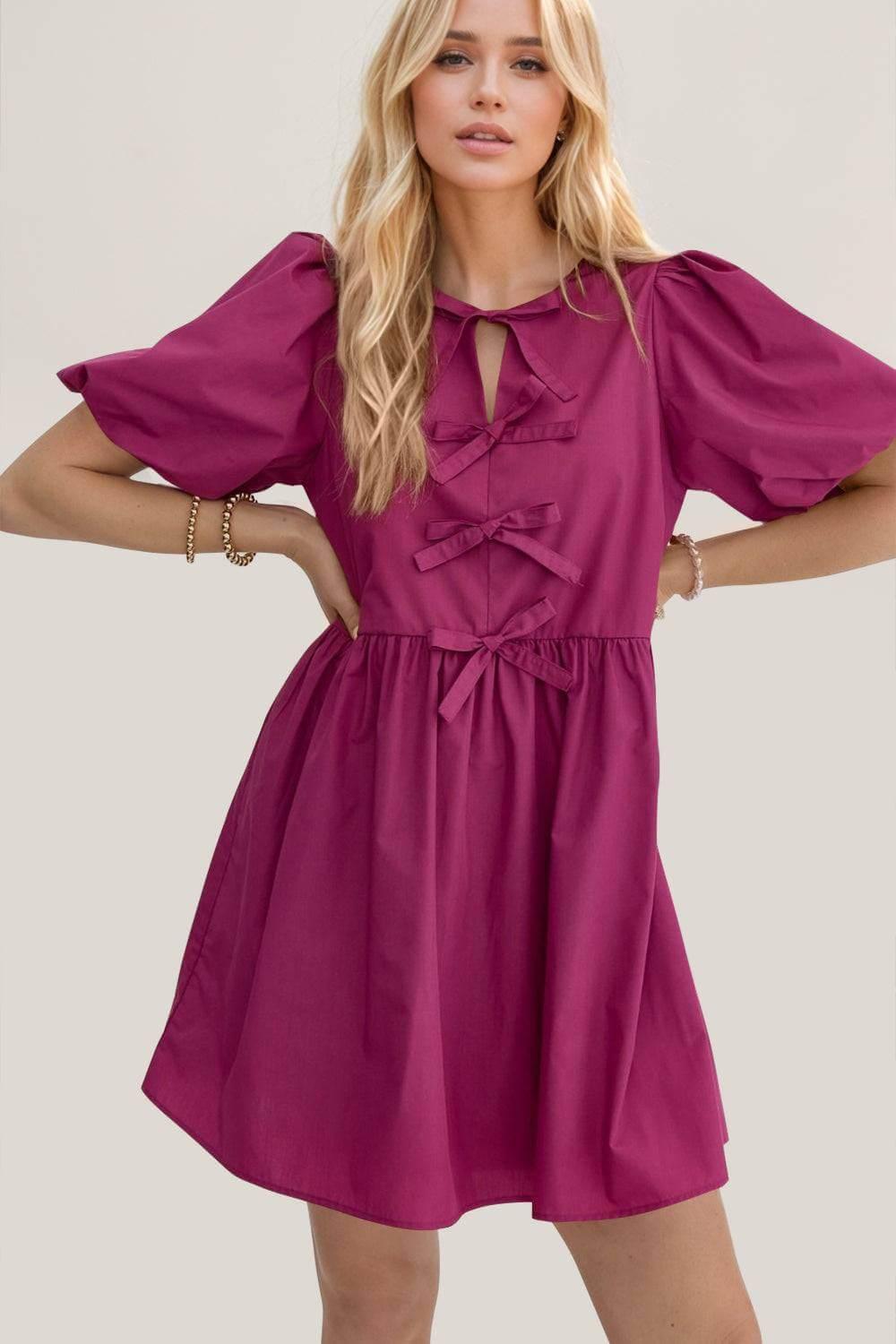 Oh Bow Ruched Puff Sleeve Mini Dress - Clothes For Her Online Store