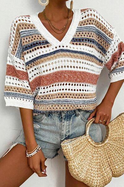 Striped Hollow Out Half Sleeve Knit Top - Clothes For Her Online Store