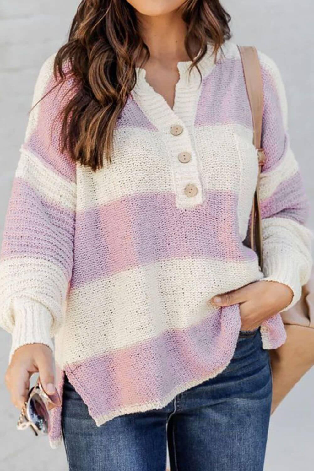Striped Half Button Ribbed Sweater - Clothes For Her Online Store