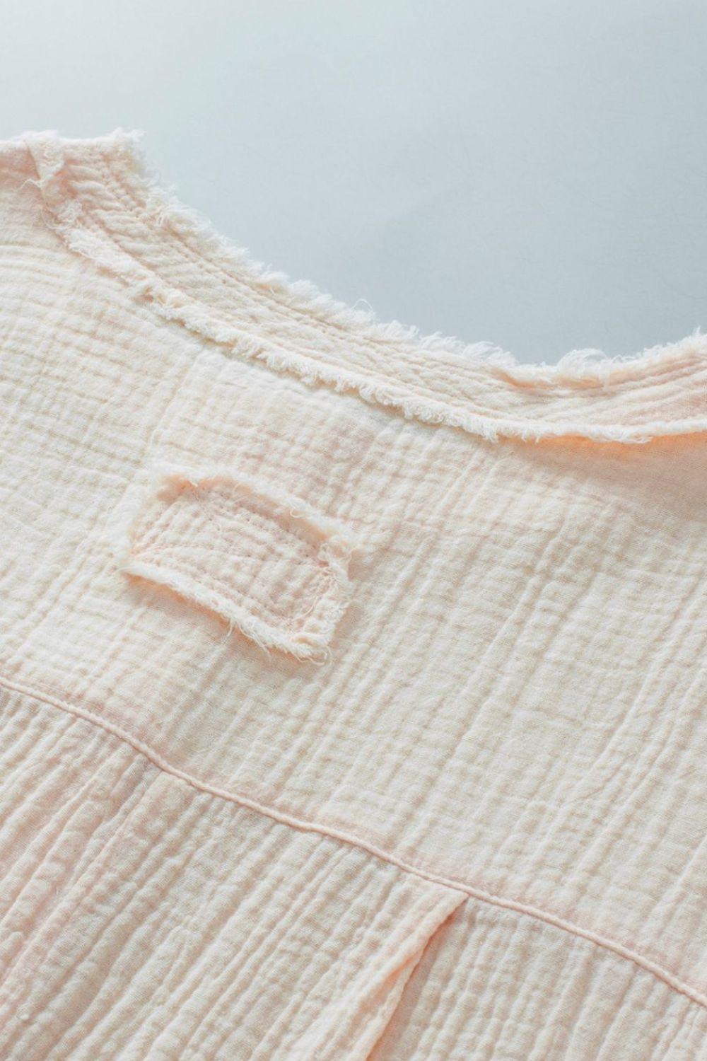Textured Frayed Trim Half Button Short Sleeve Top - Clothes For Her Online Store