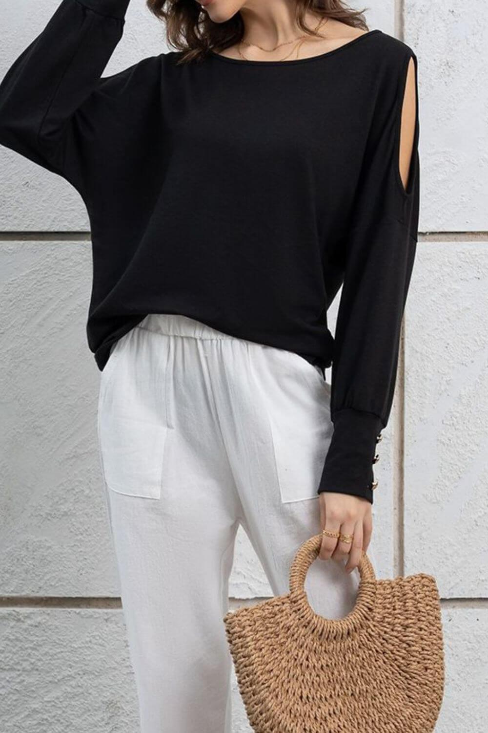 Cutout Round Neck Long Sleeve Top - Clothes For Her Online Store