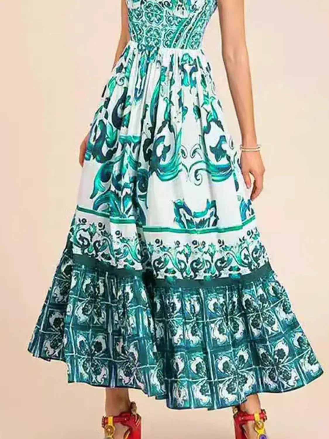 Smocked Printed Wide Strap Dress