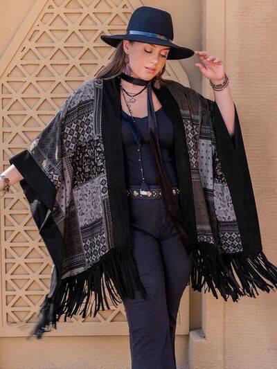 Plus Size Printed Fringe Open Front Outerwear - Clothes For Her Online Store
