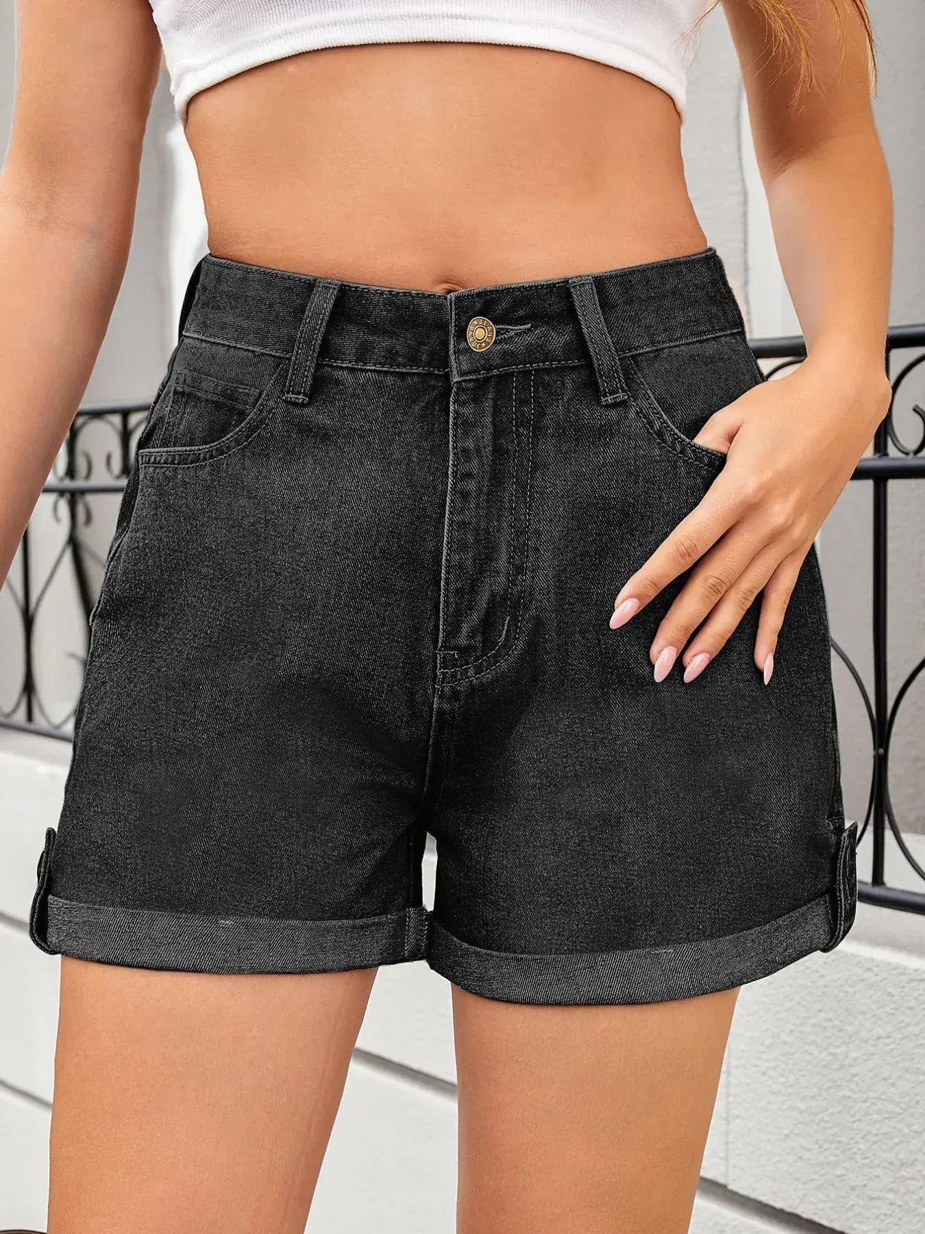 High Waist Rolled Hem Gradient Denim Shorts
