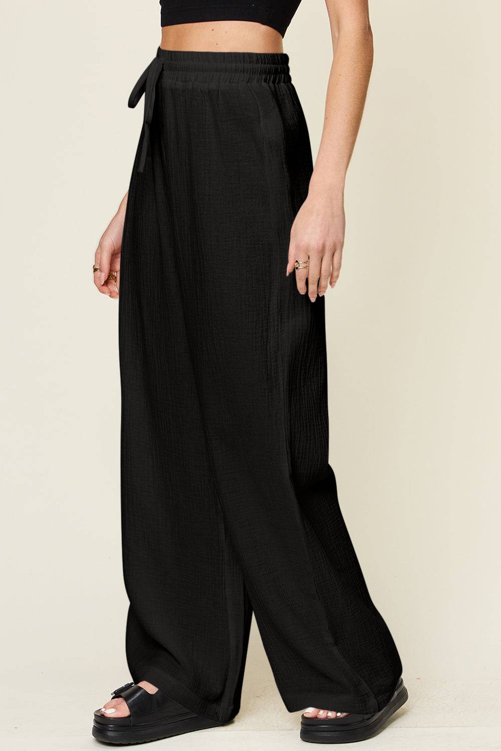 Double Take Full Size Texture Drawstring Wide Leg Pants - Clothes For Her Online Store