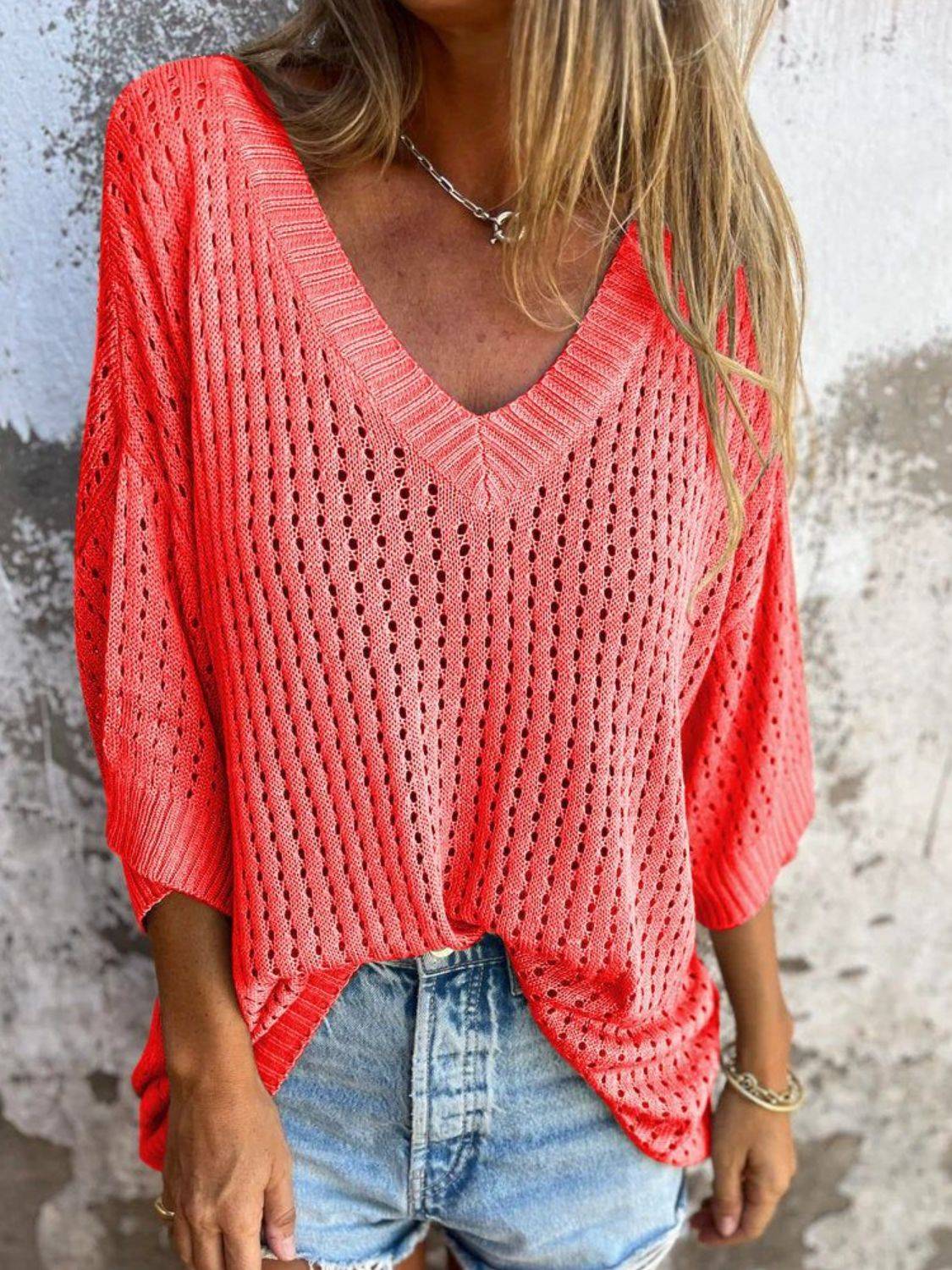 Full Size Openwork V-Neck Knit Cover Up Plus Size