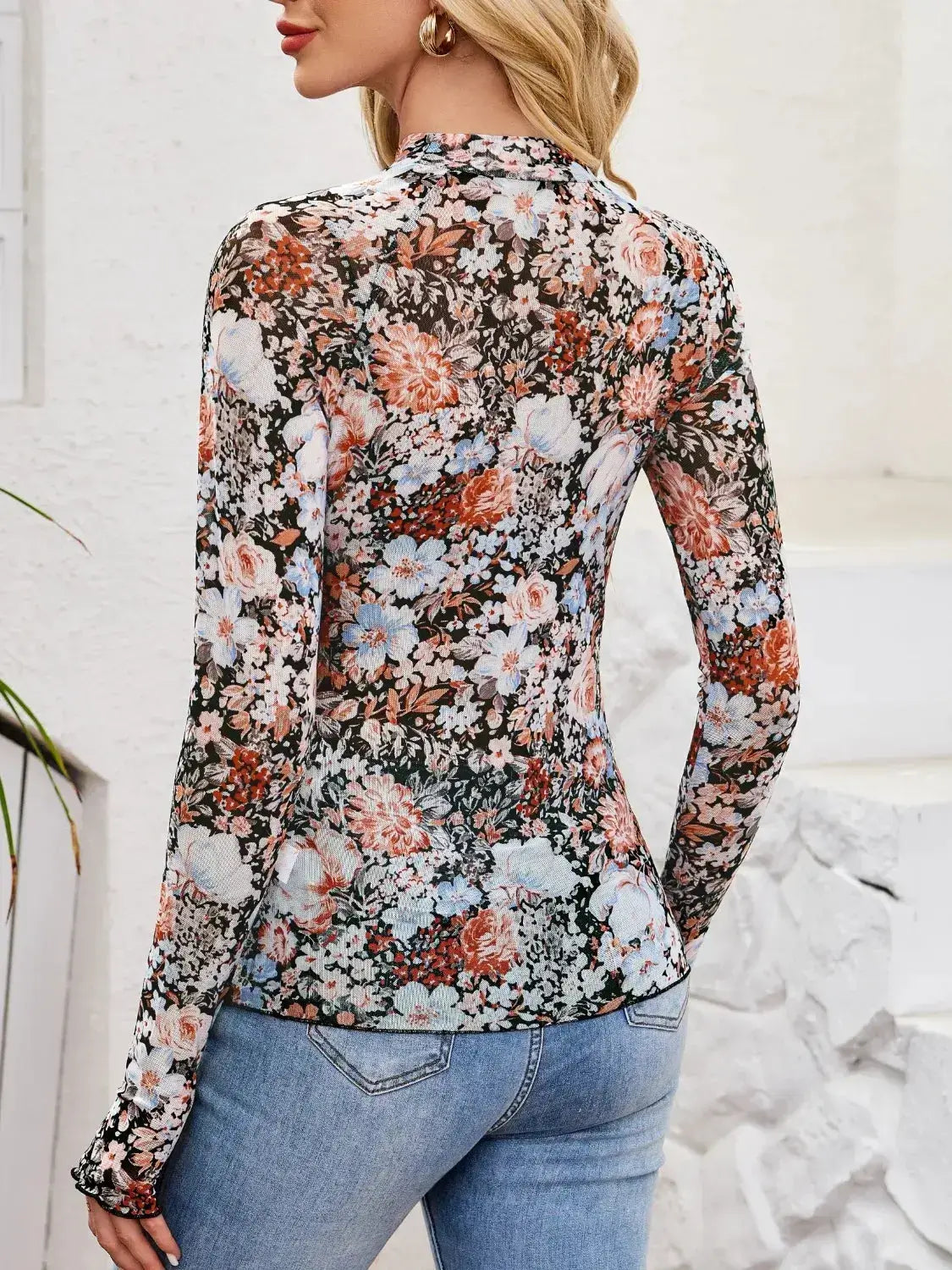 Floral Mock Neck Long Sleeve Top - Clothes For Her Online Store